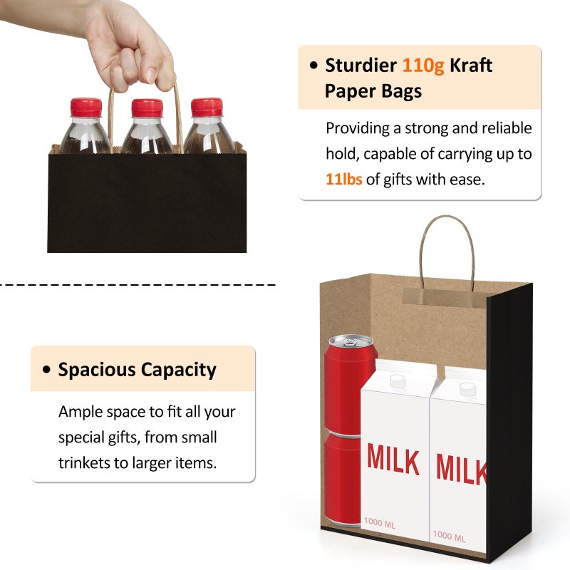 BagDream Gift Bags 10x5x13 50Pack Kraft Paper Shopping Bags with handles Bulk, for Shopping, Retail, Merchandise, Party Favor, Business, 100% Recycled Black Large Paper Gift Sacks - Image 3